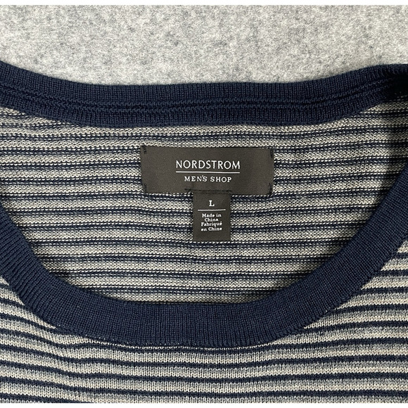 Nordstrom Mens Shop Striped Merino Wool Blend Sweater L Knit Washable Crew Blue - Picture 4 of 9